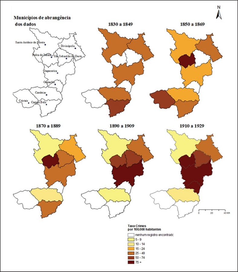 Taxa de Crimes por 100.000 habitantes, por munic&iacute;pio e per&iacute;odo de 20
							anos. Crimes registrados no F&oacute;rum de Itapecerica entre 1830 e
							1929.