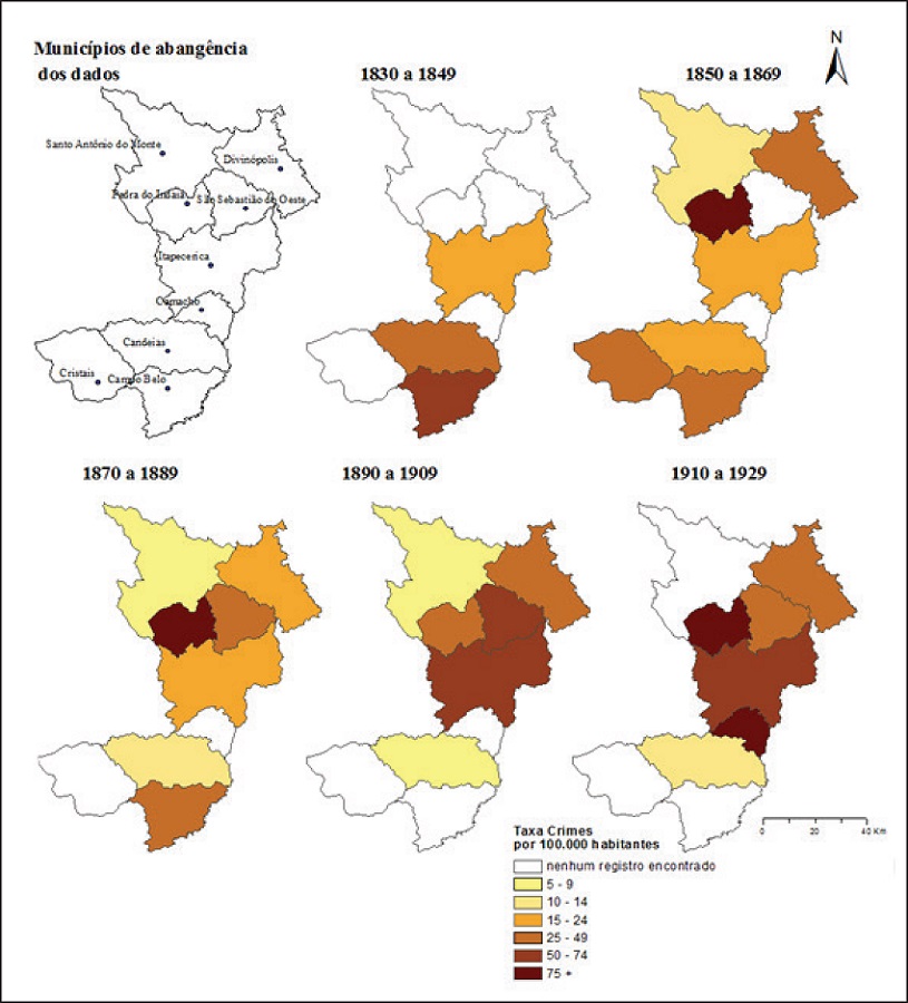 Taxa de Crimes Violentos (agress&otilde;es f&iacute;sicas, homic&iacute;dios e tentativas
							de homic&iacute;dios) por 100.000 habitantes, por munic&iacute;pio e per&iacute;odo de 20
							anos. Registros do F&oacute;rum de Itapecerica, 1830-1929.