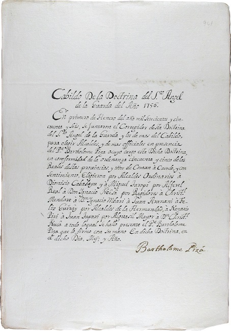 Acta de elección de cabildantes de Santo Ángel en 1756, firmada por
							el indio Bartolomé Pizá.