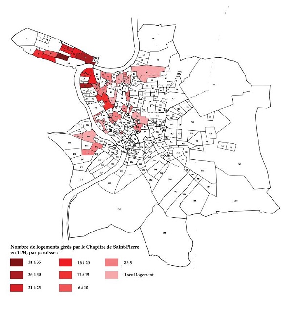 Géographie du patrimoine immobilier de Saint-Pierre en 145443