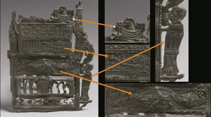 : Montagem da ins�gnia de peregrino com o santu�rio de S. Thomas Becket. Inglaterra, 1350-1400.