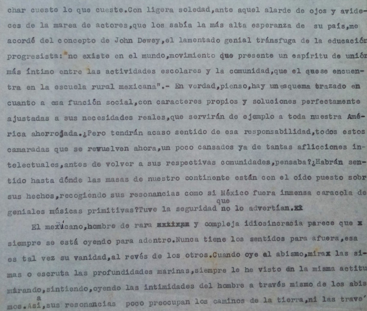 Extracto del artículo Lo que los intelectuales y pueblos de Iberoamérica esperan de la educación mexicana de Jesualdo Sosa (s. f.). Montevideo: Archivo Jesualdo Sosa. Biblioteca Nacional de Uruguay.