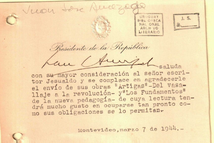 3. Nota del Presidente Juan José Amézaga a Jesualdo. Fecha: 7 de marzo de 1944. Fuente: Archivo Jesualdo Sosa. Biblioteca Nacional de Uruguay.