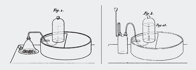 Montagens para a produção do hidrogénio: à esquerda, a partir da reação do carvão vegetal com vapor de água (Marcet, 1822, prancha XI, figura 3); à direita, a partir da reação do zinco com o ácido sulfúrico (Payen, 1825, prancha 7, figura 3).