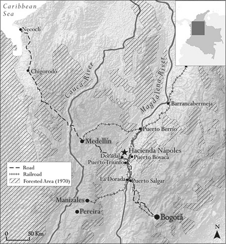 Hacienda Nápoles, mid-Magdalena river valley, and transportation infrastructure; map by Christian Medina Fandiño; forest cover information based on Etter, McAlpine, Possingham (2008), and Betancourth (2007)