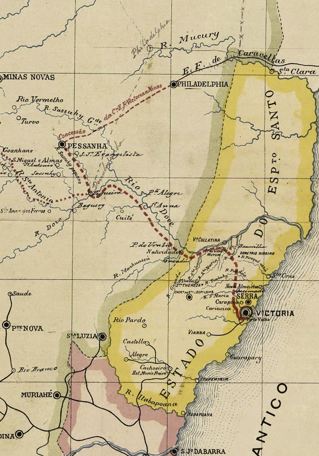Detalhe do tra&ccedil;ado da Estrada de Ferro Vit&oacute;ria a Minas (Relat&oacute;rio..., 1903, Anexo)
