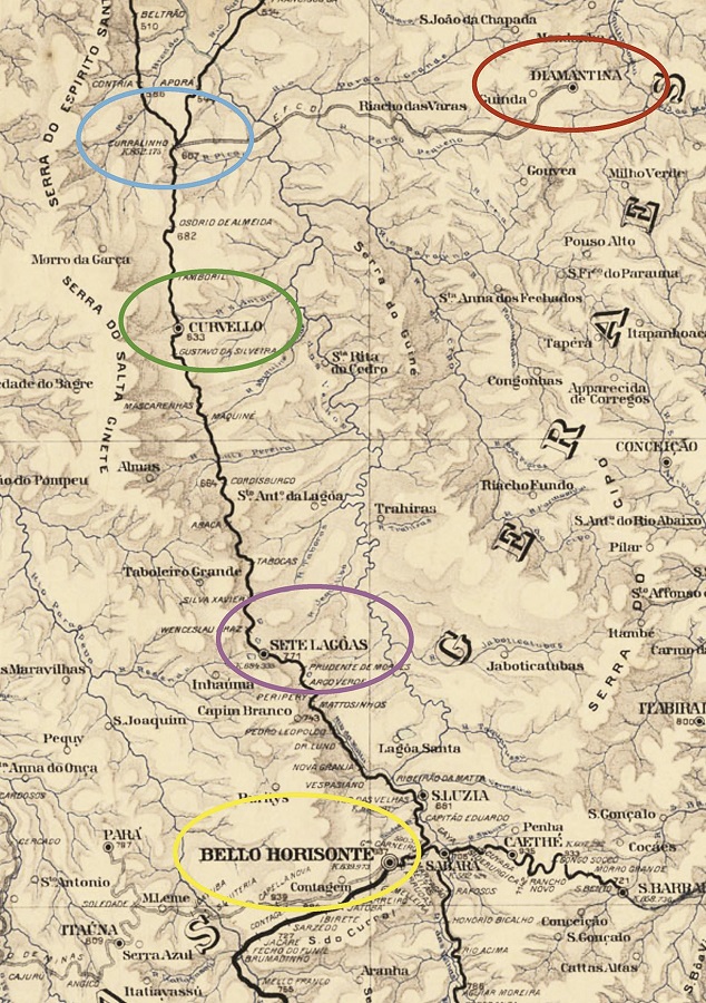 Mapa com detalhe do itiner&aacute;rio da Central do Brasil e sua liga&ccedil;&atilde;o com o ramal de Diamantina (Fonte: Carta..., 1919)
