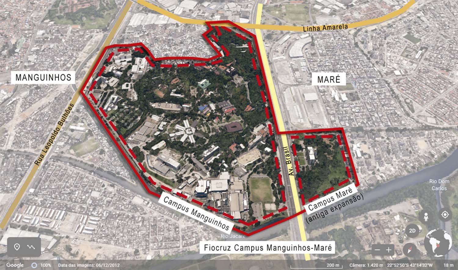 : Configuração da Fiocruz
  campus
  Manguinhos-Maré (adaptado do Google Earth 2023 pelos autores)