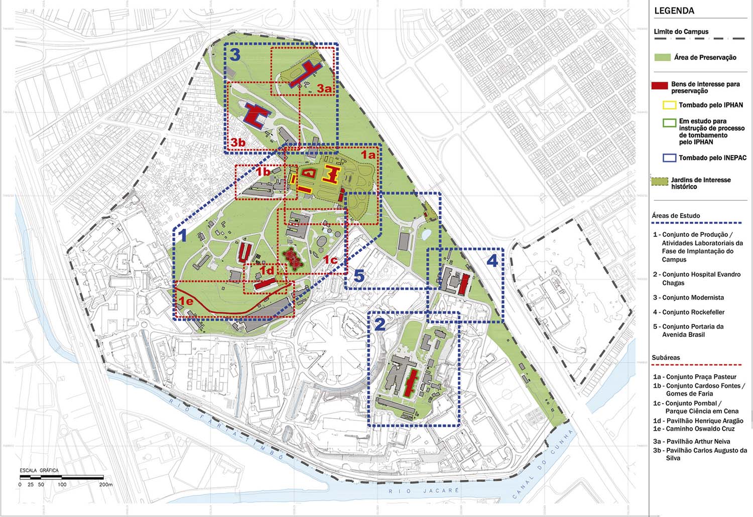 : Mapa das áreas de estudo do
  Plano de ocupação da área de preservação do Campus Fiocruz Manguinhos (Poap)
  (
  Fiocruz/COC, 2011
  , anexo 3, mapa 1: Áreas de estudo)