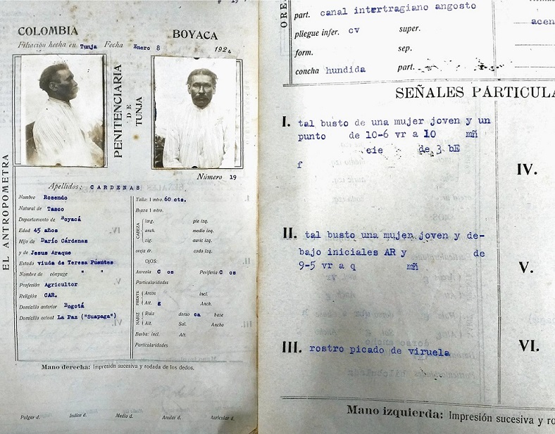 : Fichas antropom�tricas con descripciones de tatuajes del Pan�ptico de Tunja (Penitenciar�a de Tunja, 1924)