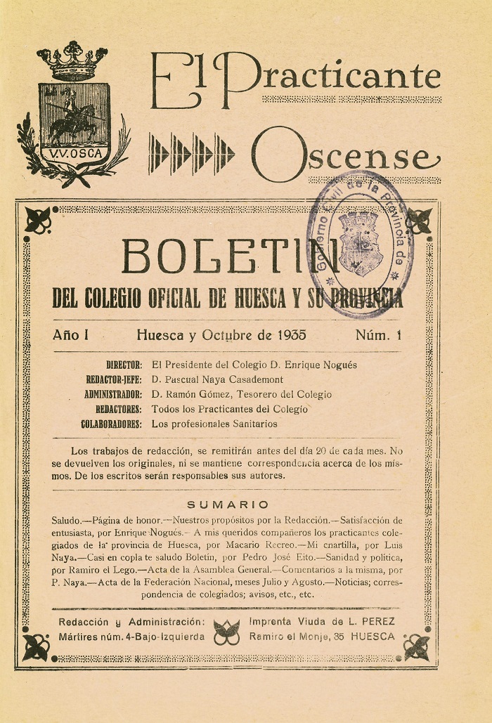 : Cover of the first issue of the journal El Practicante Oscense, 1935 (Source: Colegio Oficial de Enfermer�a de Huesca)