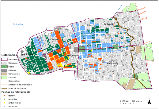 Georreferenciación de los individuos de la Ciudad Vieja y Nueva, según fecha de relevamiento del padrón (febrero, septiembre, en ambas, o de fecha ignorada)