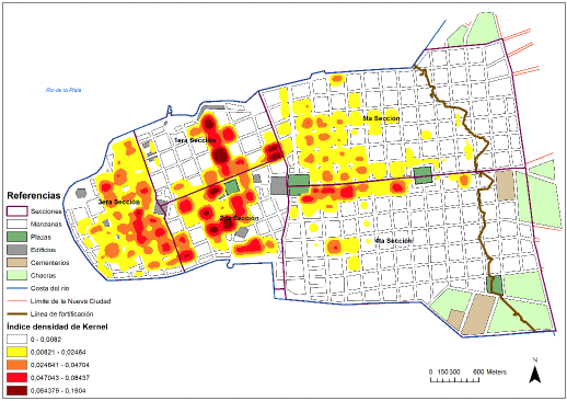 Indicador de densidad de Kernel. Ciudad de Montevideo (1843)