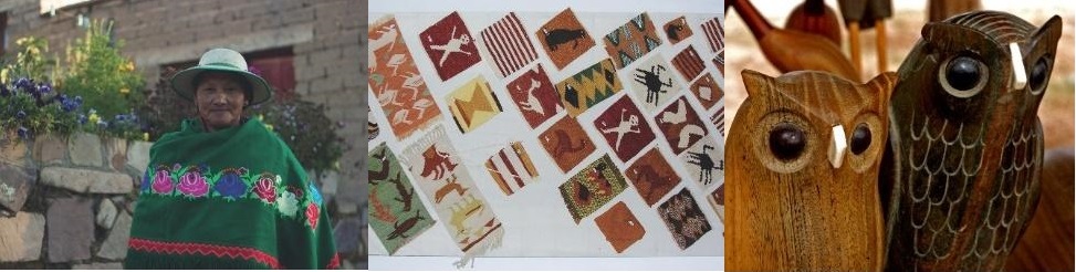 Seora con rebozo bordado Kolla (izquierda), tapices Toba tejidos en lana (centro) y artesana Wich en madera (derecha)