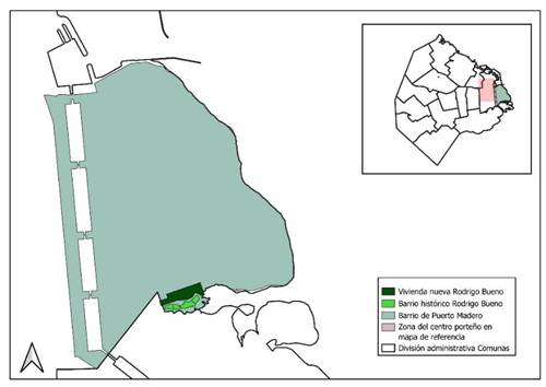Localizaci�n en la ciudad de Rodrigo Bueno y diferenciaci�n entre el barrio hist�rico (macizo) y edificios de vivienda nueva