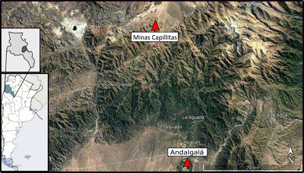 Ubicaci�n de las minas de Capillitas y de la localidad de Andalgal� en el departamento Andalgal�, provincia de Catamarca, Argentina 