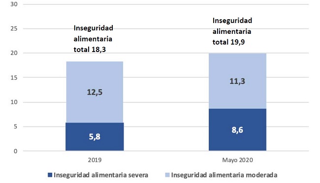INSEGURIDAD ALIMENTARIA TOTAL E INSEGURIDAD ALIMENTARIA SEVERA EVOLUCI&Oacute;N 2019-MAYO 2020. En porcentaje de hogares. EDSA 2&ordm; Semestre 2019 - Mayo 2020. AMBA*