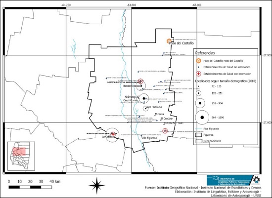 Departamento Figueroa (Santiago del Estero). Localidades según tamaño demográfico (2010) y establecimientos de salud.