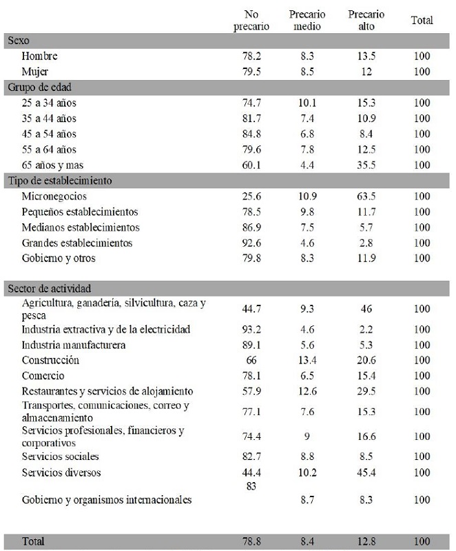 Distribuci&oacute;n porcentual de los profesionistas seg&uacute;n caracter&iacute;sticas sociodemogr&aacute;ficas y ocupacionales seleccionadas y nivel de precariedad del empleo en M&eacute;xico, 2019.