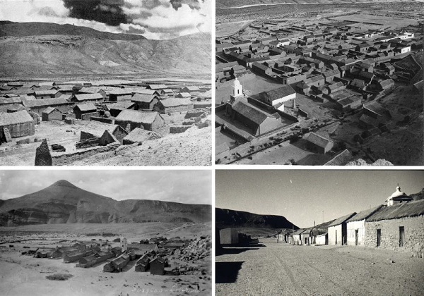 Arriba: Coranzul&iacute; en 1942 y en 1970. Abajo: Postal del pueblo de Susques y Susques en 1968 