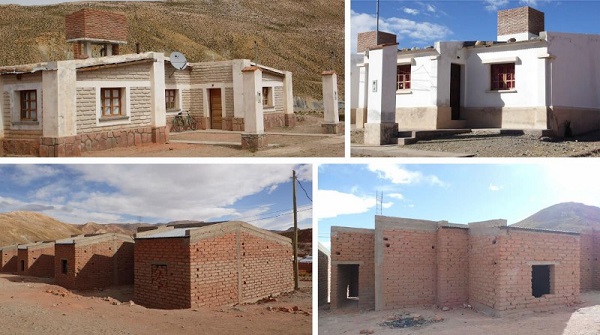 Primeros planes de vivienda ejecutados en Coranzul&iacute; (arriba), y planes m&aacute;s recientes durante su construcci&oacute;n (abajo).