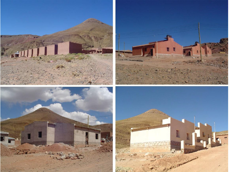 Primer plan de viviendas en Susques (arriba, izquierda); conjuntos emergentes de los Planes Federales (arriba, derecha y abajo izquierda) y las viviendas construidas en el marco de los convenios con Caritas, tambi&eacute;n en Susques (abajo, derecha).