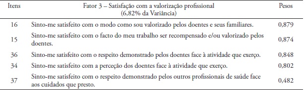 Itens e pesos da dimens&atilde;o Satisfa&ccedil;&atilde;o com a valoriza&ccedil;&atilde;o
profissional