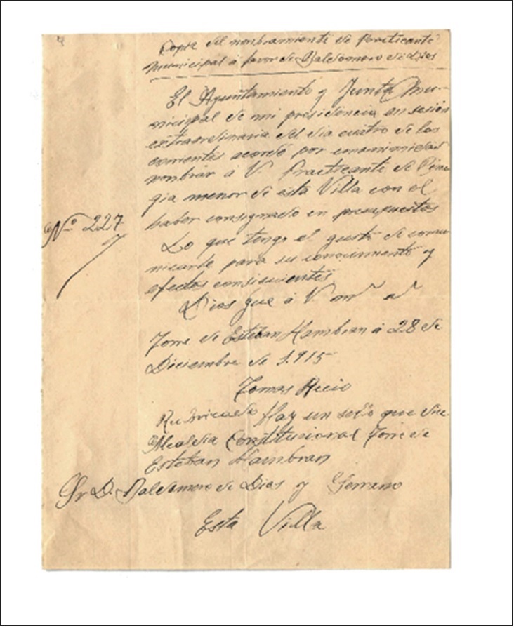 Creación de plaza de practicante municipal en la provincia de Toledo. Fuente: Archivo Municipal de Toledo, fondo del Colegio de Enfermería de la Provincia de Toledo, expedientes personales de colegiados, colegiado núm. 25, caja 8, número 15.