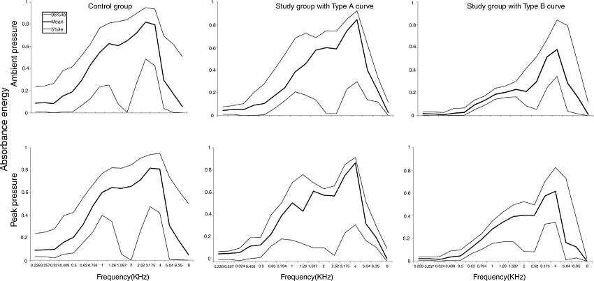 Acoustic absorbance (5% percentile, mean and 95% percentile) by
                            frequency and group according to tympanometry configuration.