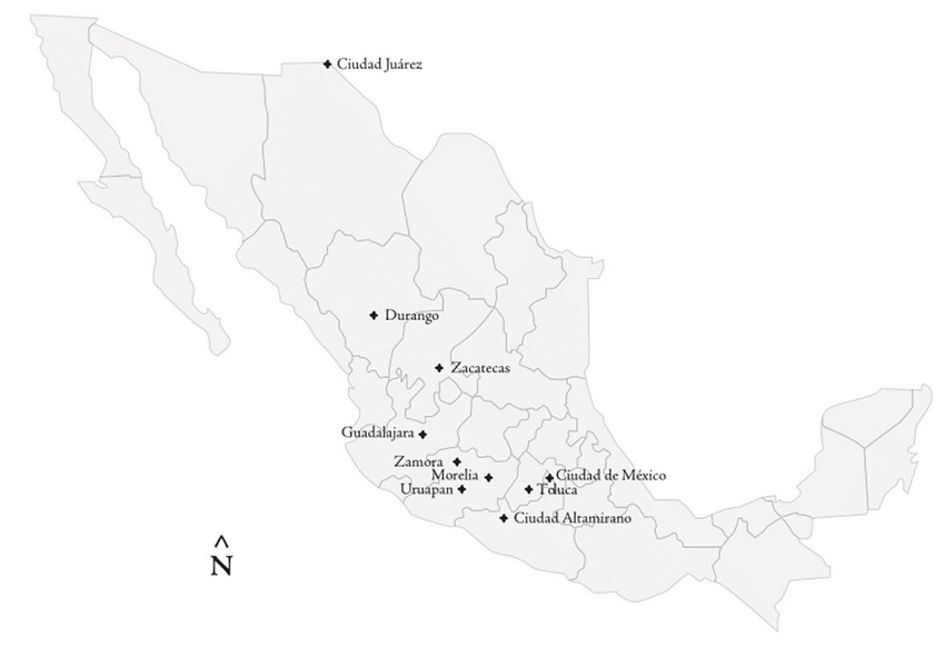 Ciudades de M&eacute;xico en que miembros del grupo &eacute;tinico Mazahua han establecido un negocio fijo de jarcier&iacute;a