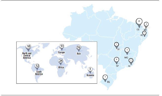 Distribution of cases of pycnodysostosis worldwide and in Brazil. The
                            region most affected is the Northeast region; the state of Cear&aacute;
                            presents the largest number of cases 