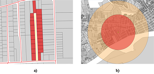Example of urban infrastructure with respective benefited area: a) linear influence area and b) radial influence area.