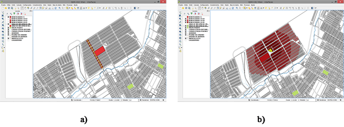 Benefited area: a) linear influence infrastructure and b) radial influence infrastructure.