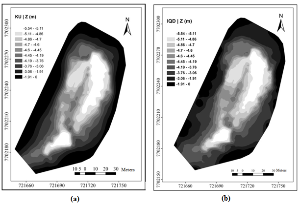 Bathymetric depth DEM based on universal kriging using GRID1 (left map) and Depth bathymetric DEM based on ISDW using GRID1 (right map).