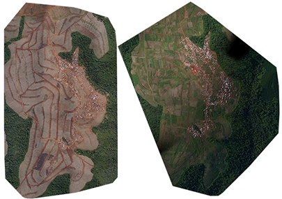 Mosaics of the study area. Left, August of 2014 with 45 images. Right, April of 2015 with 34 images.