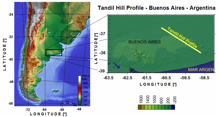 Tandilia Hill profile location on a topographic map. Scale units are measured in meters.