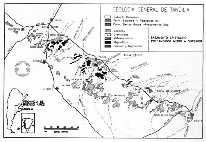 Geological map of Tandilia (Dalla Salda, Barrio, Echebeste and Fernandez 2005; extracted from Del Cogliano 2006)