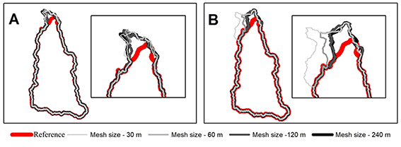 Boundaries of a sub-basin extracted from GDEM (A) and TOPODATA (B) in the lower sector.