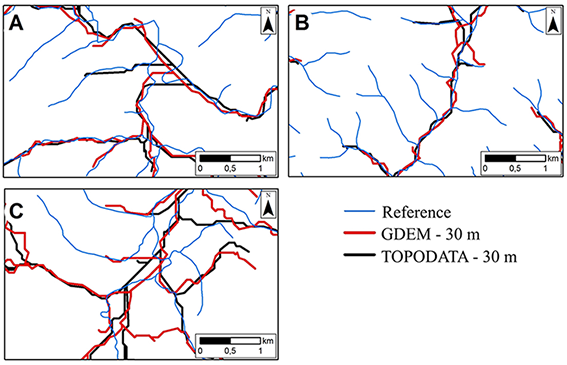 Drainage network extracted from topographic maps and from GDEM and TOPODATA in (A) the upper sector; (B) the middle sector (C) and the lower sector.