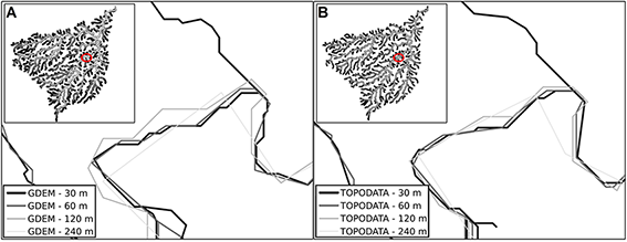Drainage networks extracted from GDEM (A) and TOPODATA (B) in the lower sector.
