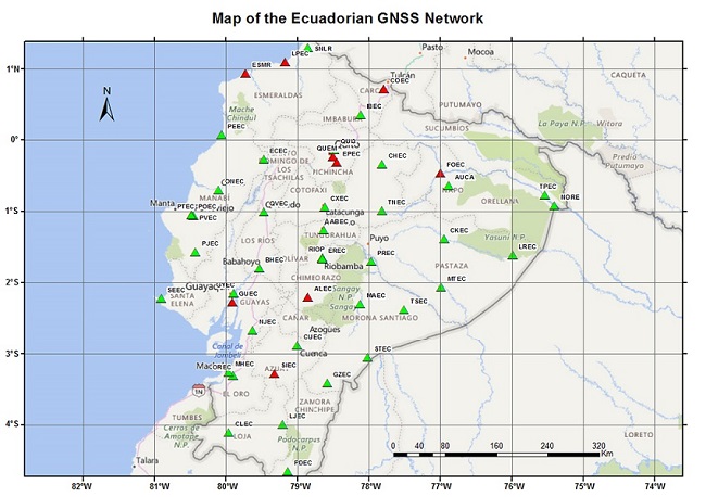 Map of the Ecuadorian GPS Network. The nine GPS stations used to generate the time series are indicated with the red triangles.