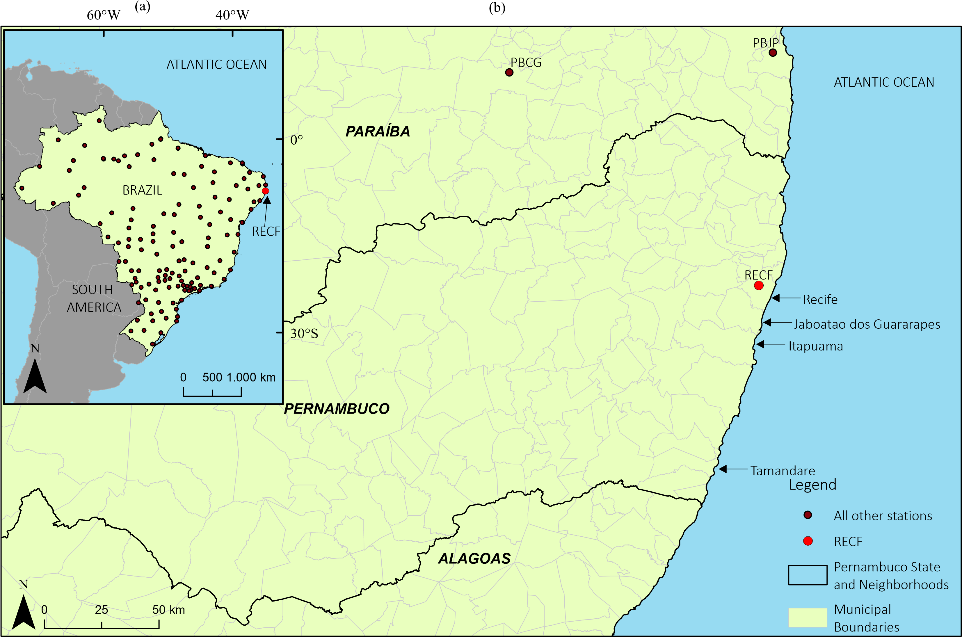 (a) Reference map of RBMC distributed along Brazilian territory (b) Pernambuco state and neighborhoods, where RECF station is located in Recife (capital of Pernambuco)