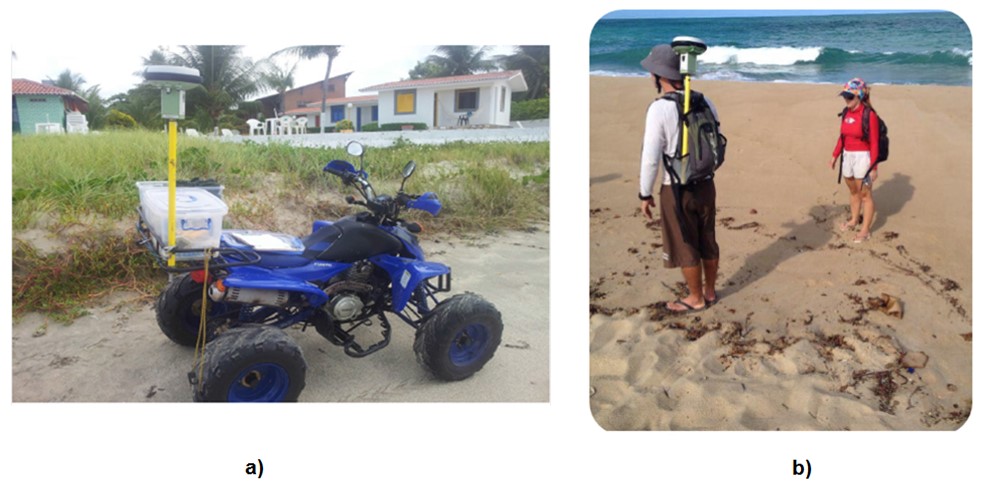 Kinematic survey equipment. (a) Receiver connected to the quadricycle. (b) Field team on foot in places with difficult access. 