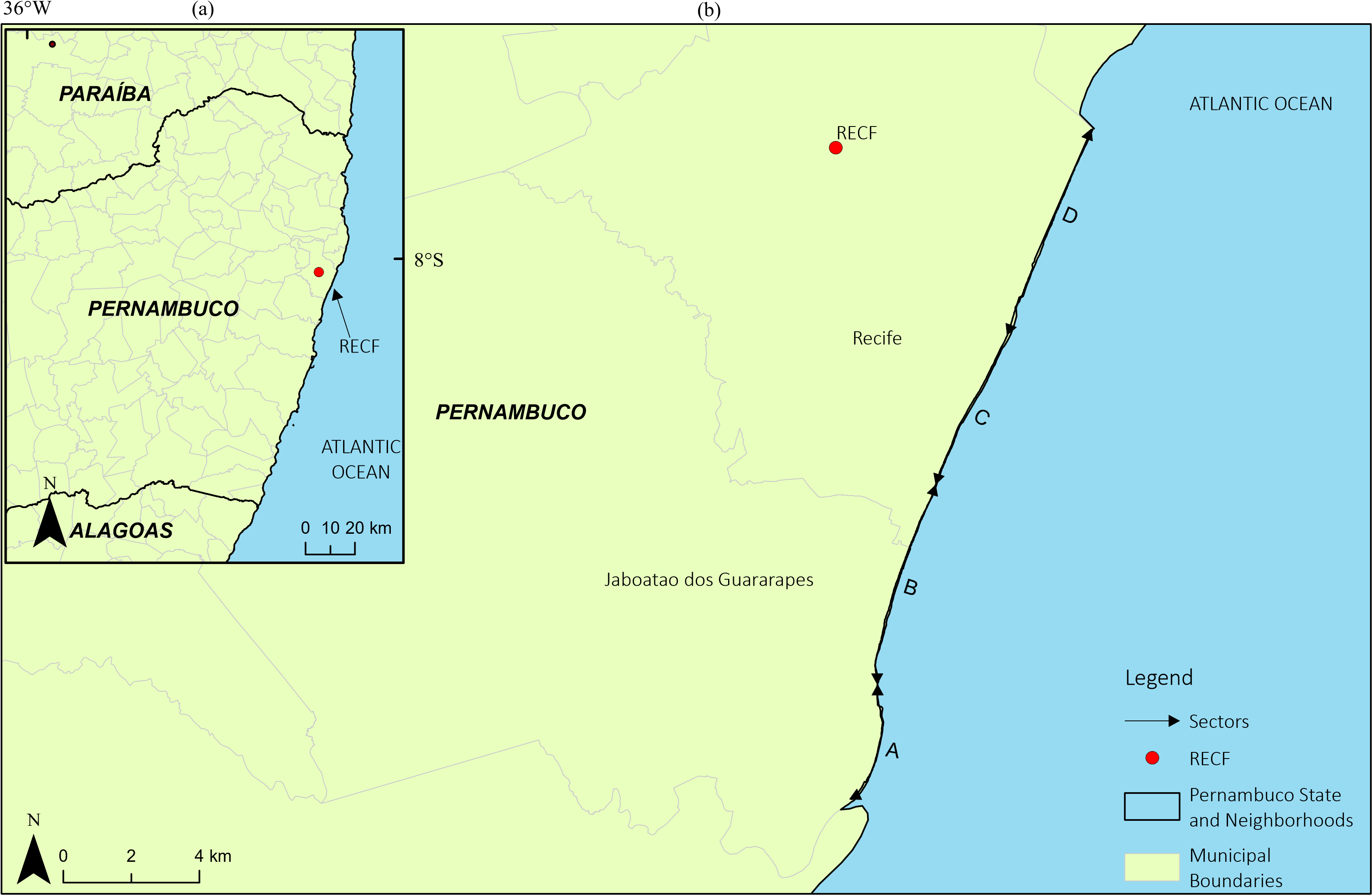Sectors A, B, C and D near RECF aiming the PPP accuracy analysis with data collecting time of approximately one hour.