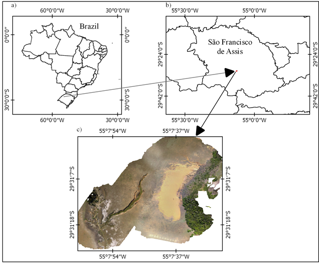 Location of the study area at a) the Rio Grande do Sul State of Brazil; b) São Francisco de Assis Municipality; c) Orthophoto mosaic.