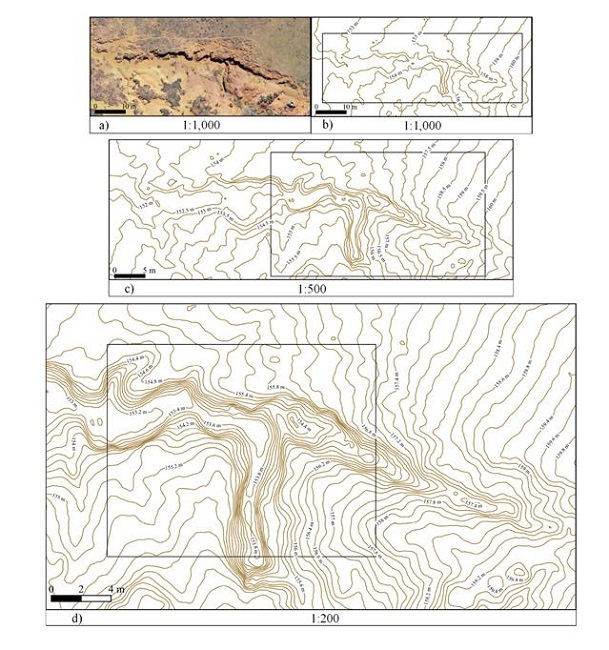 Ravine: a) orthophoto mosaic at 1:1,000 scale; b) contour lines at 1:1,000 scale; c) contour lines at 1:500 scale; d) contour lines at 1:200 scale.