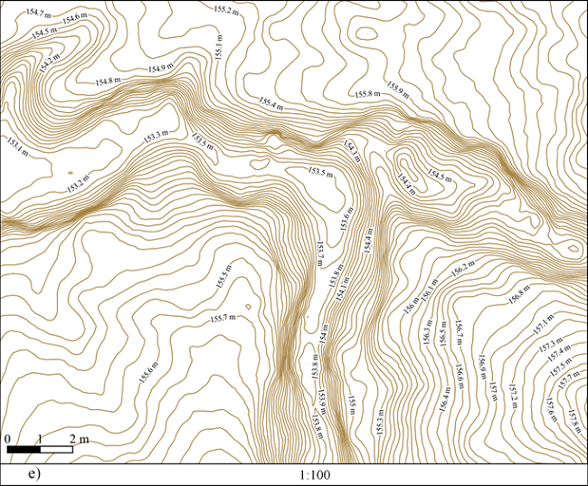 Ravine: e) contour lines at 1:100 scale.