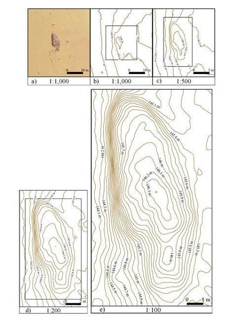Micro-residual hill: a) orthophoto mosaic at 1:1,000 scale; b) contour lines at 1:1,000 scale; c) contour lines at 1:500 scale; d) contour lines at 1:200 scale; e) contour lines at 1:100 scale.