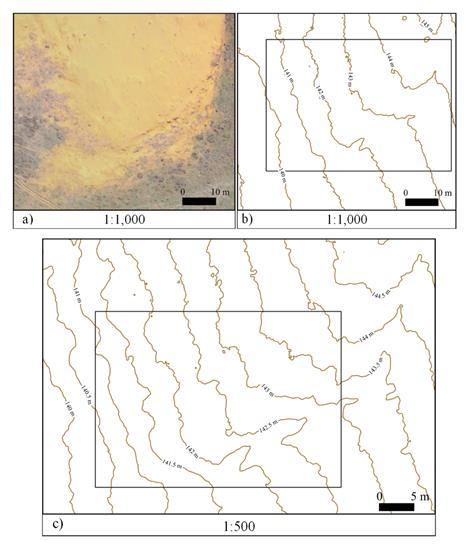 Dune: a) ortophoto mosaic at 1:1,000 scale; b) contour lines at 1:1,000 scale; c) contour lines at 1:500 scale.