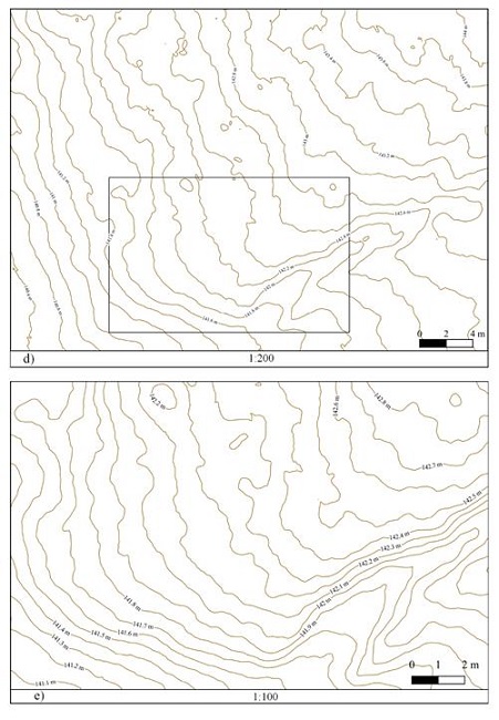 Dune: d) contour lines at 1:200 scale; e) contour lines at 1:100 scale.